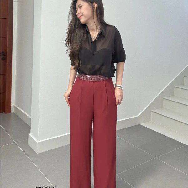 Dress Pants Red High Waisted Trousers Wide Leg Fashion Casual