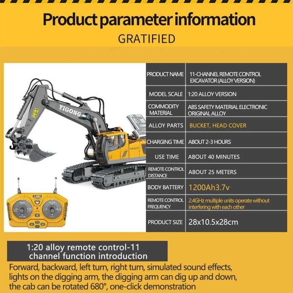 Remote Control Excavator Toy - 2.4GHz RC Construction Vehicle With Metal Shovel, Lights & Sounds