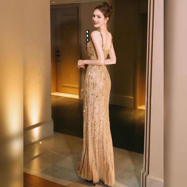 Golden Celebrity Dresses Shiny Sequins Rhinestone Mermaid Spaghetti Strap  Banquet Anniversary Party Woman Evening Prom Gowns New - L192