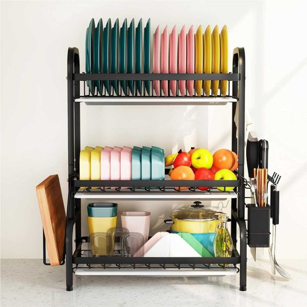 Cut Off Plate Rack Metal 3-layer large capacity dish rack with cutlery rack, cutting board ...