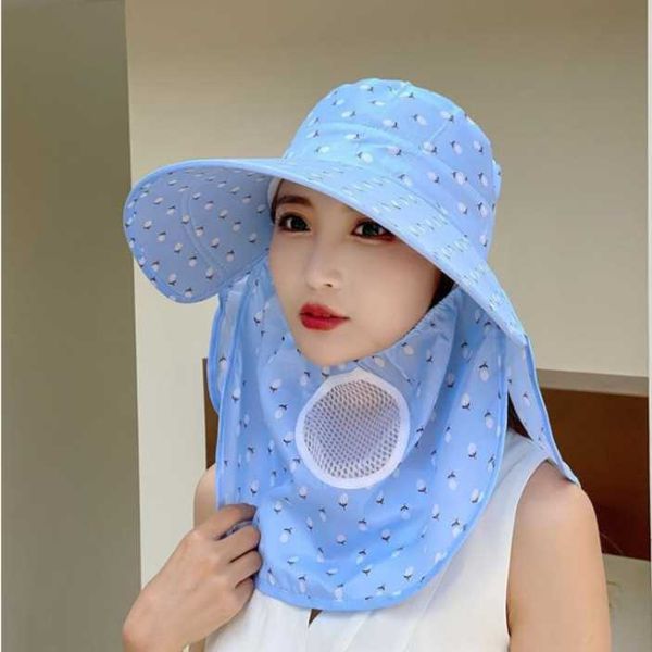 Summer Sunblock Hat Overhead Fan Women UV Protection Sunshade Full Face  Mask Beach Tea Picking Cycling Breathable Sunshade Cap