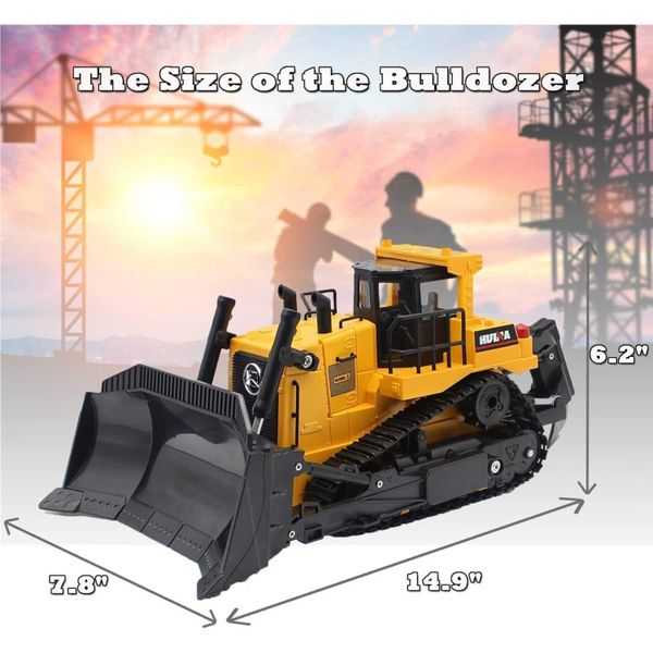 Highttoy Remote Control Bulldozer Toy - 1:24 Scale, 6 Channel, 360° Rotation, LED Lights & Sound, For Kids (Alloy & ABS)