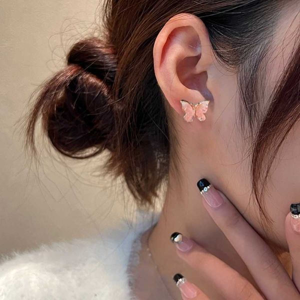 S925 gradient pink crystal butterfly stud earrings