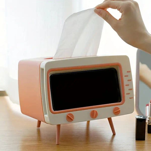 Rectangle Box Phone Retro TV Style Tissue Box with Phone Holder - High Capacity, Multi ...