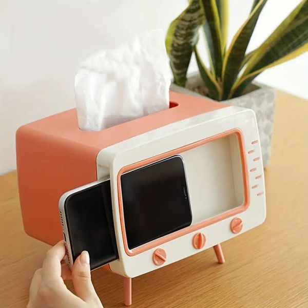 Rectangle Box Phone Retro TV Style Tissue Box with Phone Holder - High Capacity, Multi ...