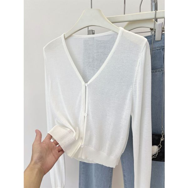 Cropped Cardigan White V Neck Cardigan Ladies Linen Cropped - Main Image