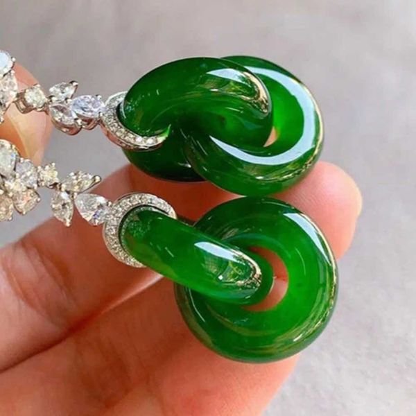 Natural Hetian Jade Jasper Interlocking Earrings Vintage Inlaid