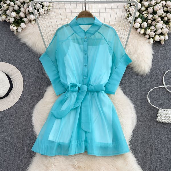 2023 Korean version of the new design sense stand-up collar micro-permeable  light chiffon bat sleeve dress suspenders two-piece set for women - L192