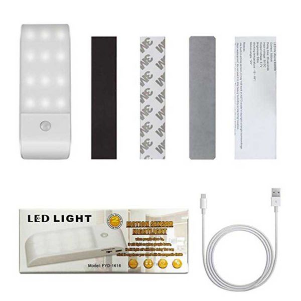 USB Rechargeable PIR Motion Sensor Night Light Wireless 12 LED Under ...