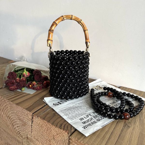 National style new Chinese bucket bag bamboo handbag high-end metal feel  niche pearl bag