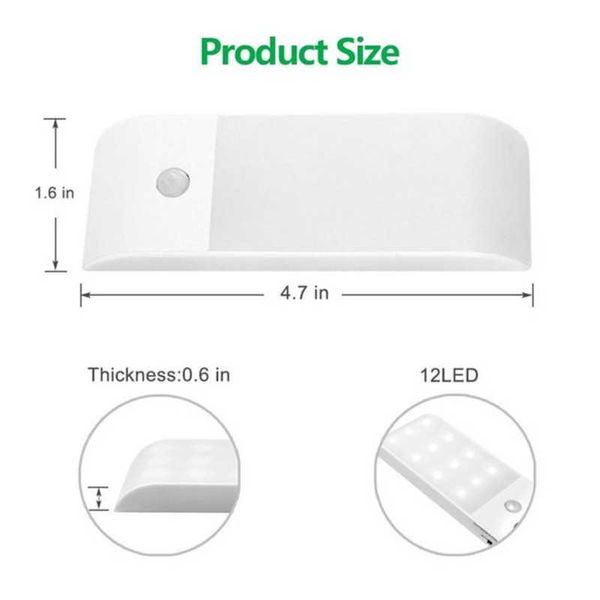 USB Rechargeable PIR Motion Sensor Night Light Wireless 12 LED Under ...