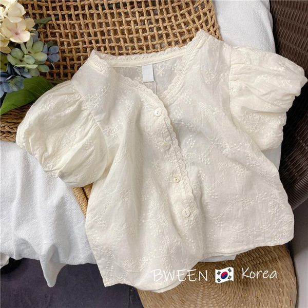 Korean children's clothing girls shirt 23 summer foreign style little girl  fashion lace edge embroidery casual puff sleeve top
