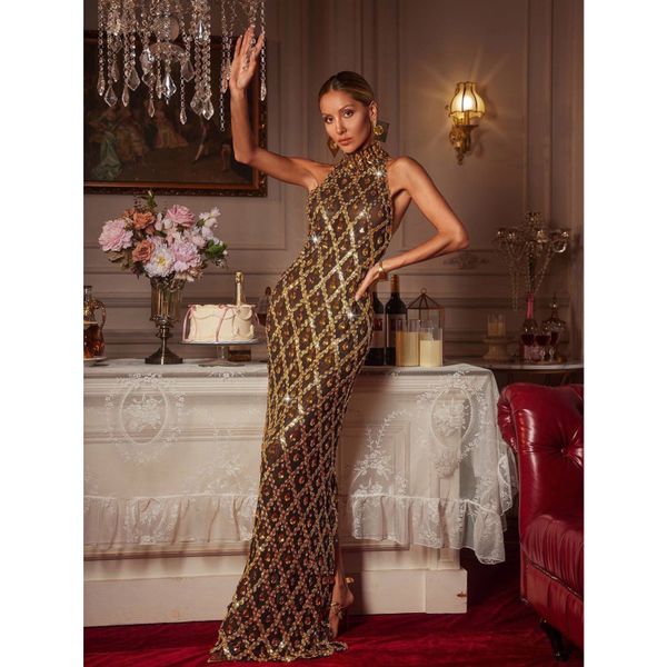 Shining Gold Rhinestones Sexy Stage Transparent Mesh Dress Birthday Evening  Party Gown Red carpet Show Photoshoot Outfit - L192