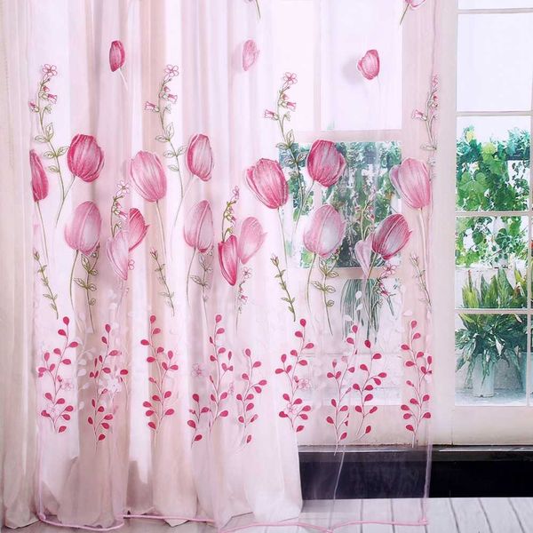 100*200cm Tulips Printing Tulle Curtains Sheer Drape Balcony Window ...