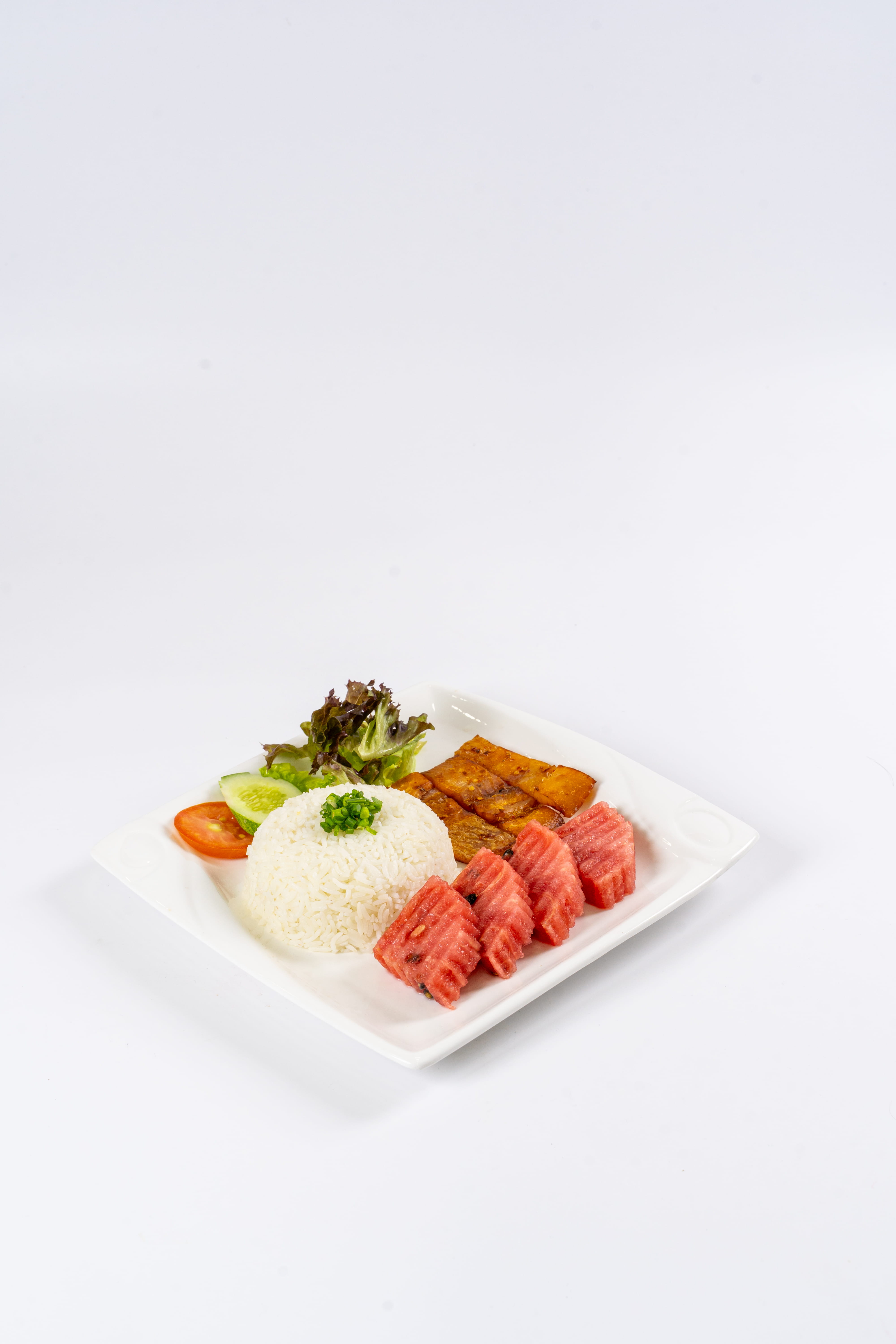 DRIED FISH WITH STEAMED RICE AND WATERMELON